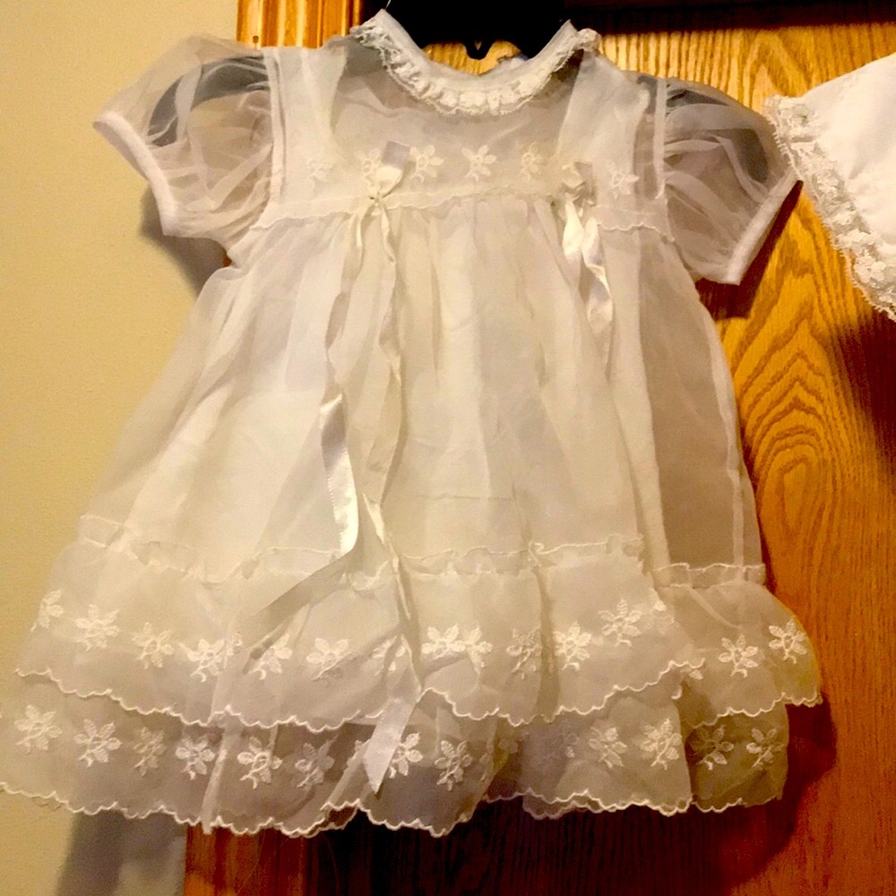 1960s vintage ivory baptismal christening wedding flower girl outfit dress VGUC